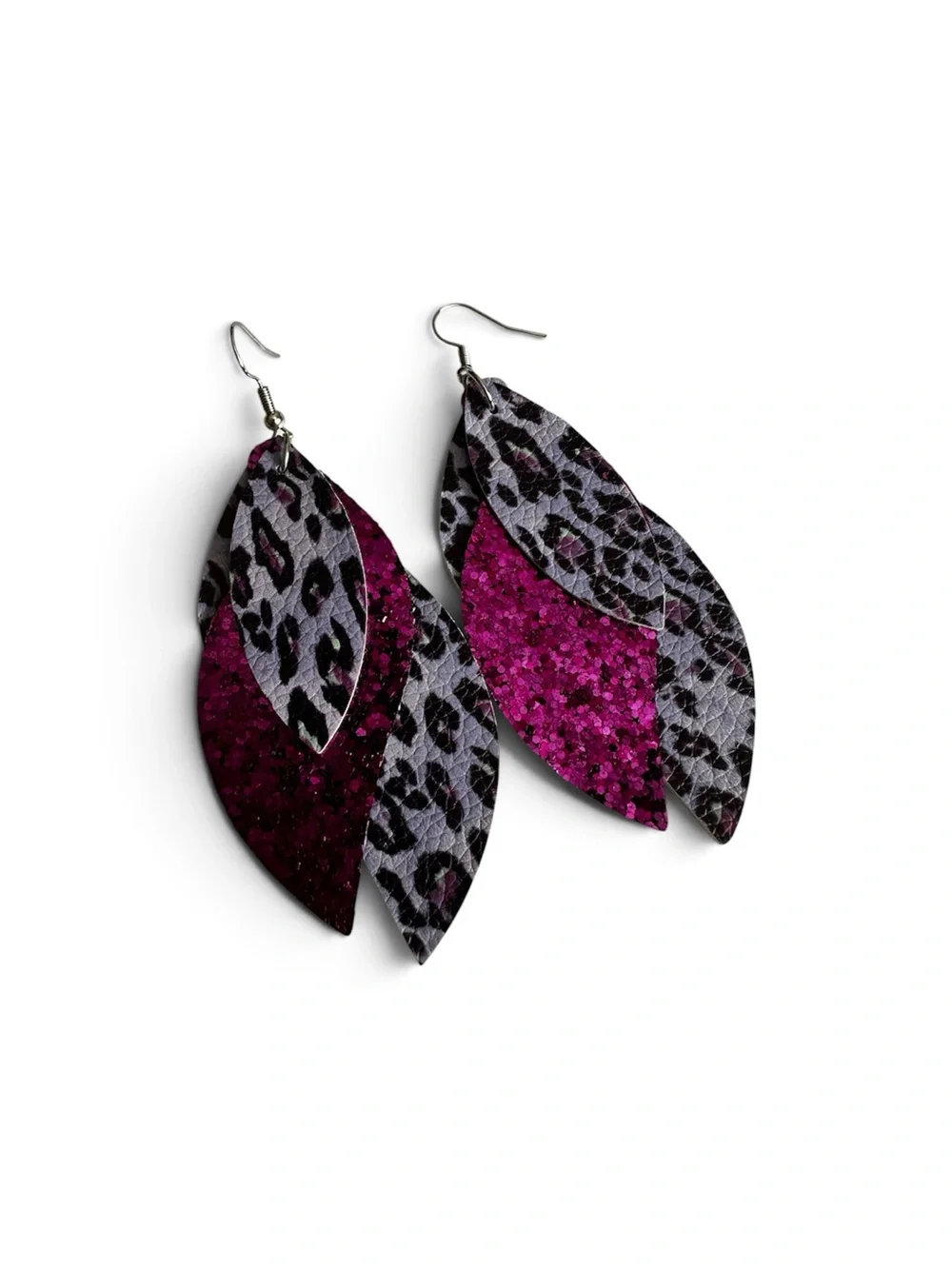 Fuchsia Leopard Layered Leaf Earrings - Brand